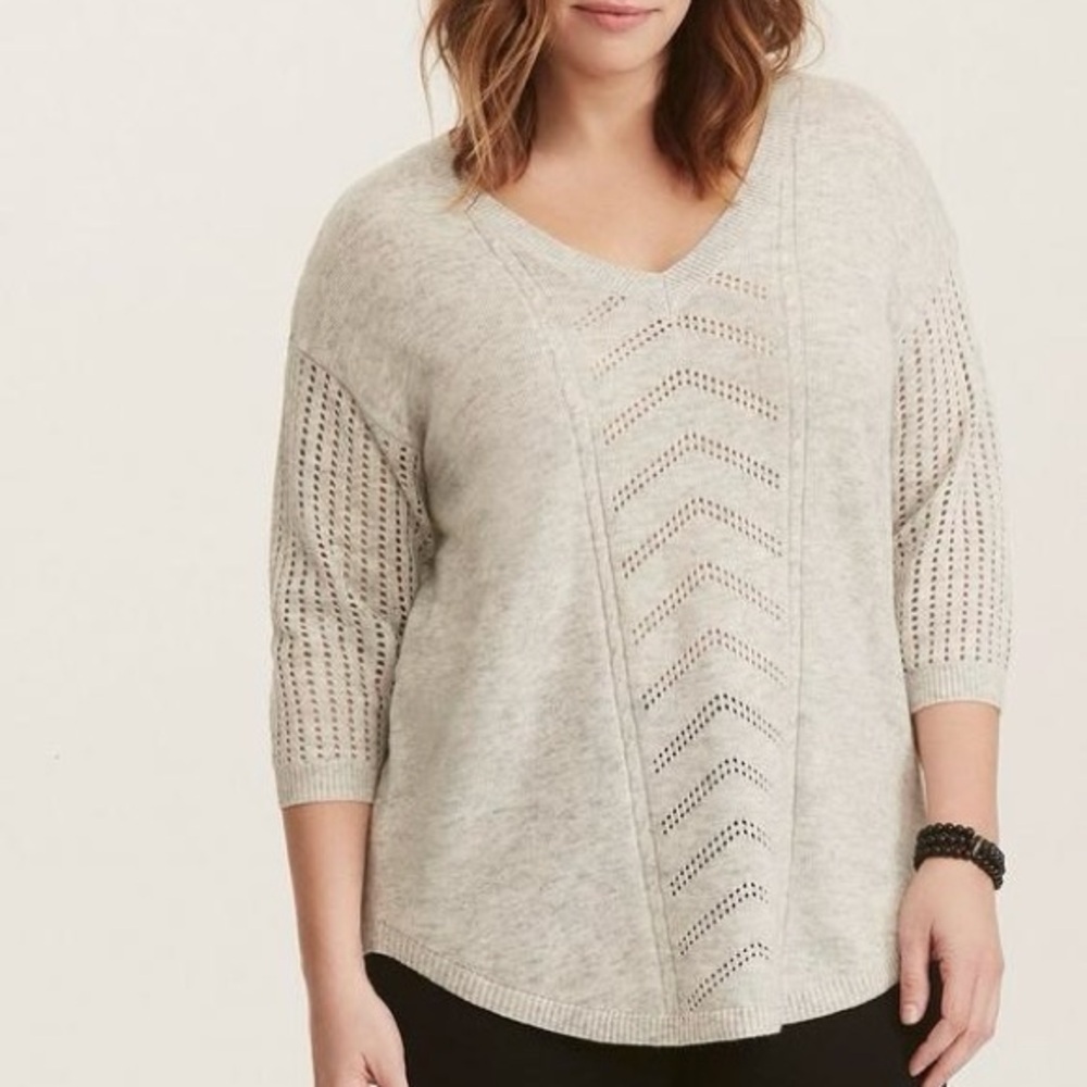 Torrid Pointelle Pullover V-Neck Sweater Gray 3/4 sleeves Ribbed trim 3X Plus